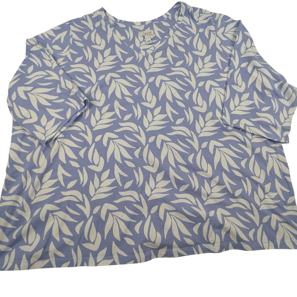 Denim & Co Womens 5X Blue White Leaf Print V-Neck Short Sleeve T-Shirt Top